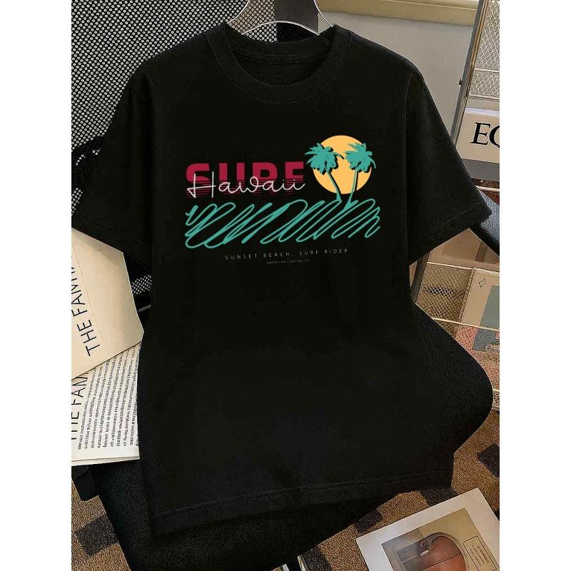 1 Pack Women S 180gsm 100% T-Shirt - Black Y2K Tropical Palm Tree & Surf Print Short Sleeve Round Neck Casual Beachwear Top S