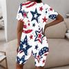 Women Plus Size Round Neck Short Sleeve Red White Blue Printed Longline Top Fitted Shorts Two Piece Set