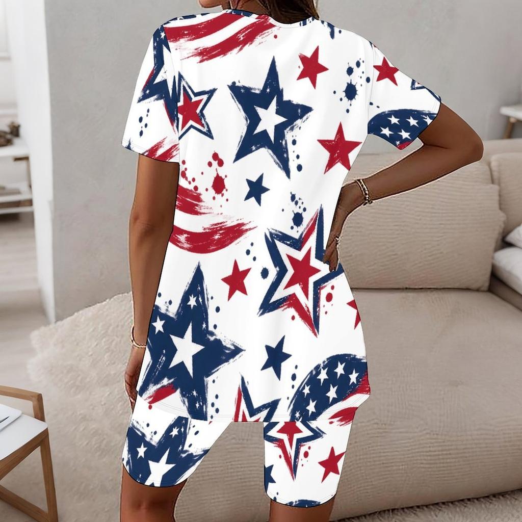 Women Plus Size Round Neck Short Sleeve Red White Blue Printed Longline Top Fitted Shorts Two Piece Set