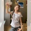 Korean Pure Desire Lapel Pleated Off-shoulder Slanted Shoulder Short-sleeved T-shirt Women's Summer New Irregular Design Top