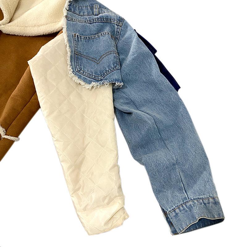 Jachetă din denim căptușită de iarnă pentru femei, cu rever mare, îmbrăcăminte lungă îngroșată