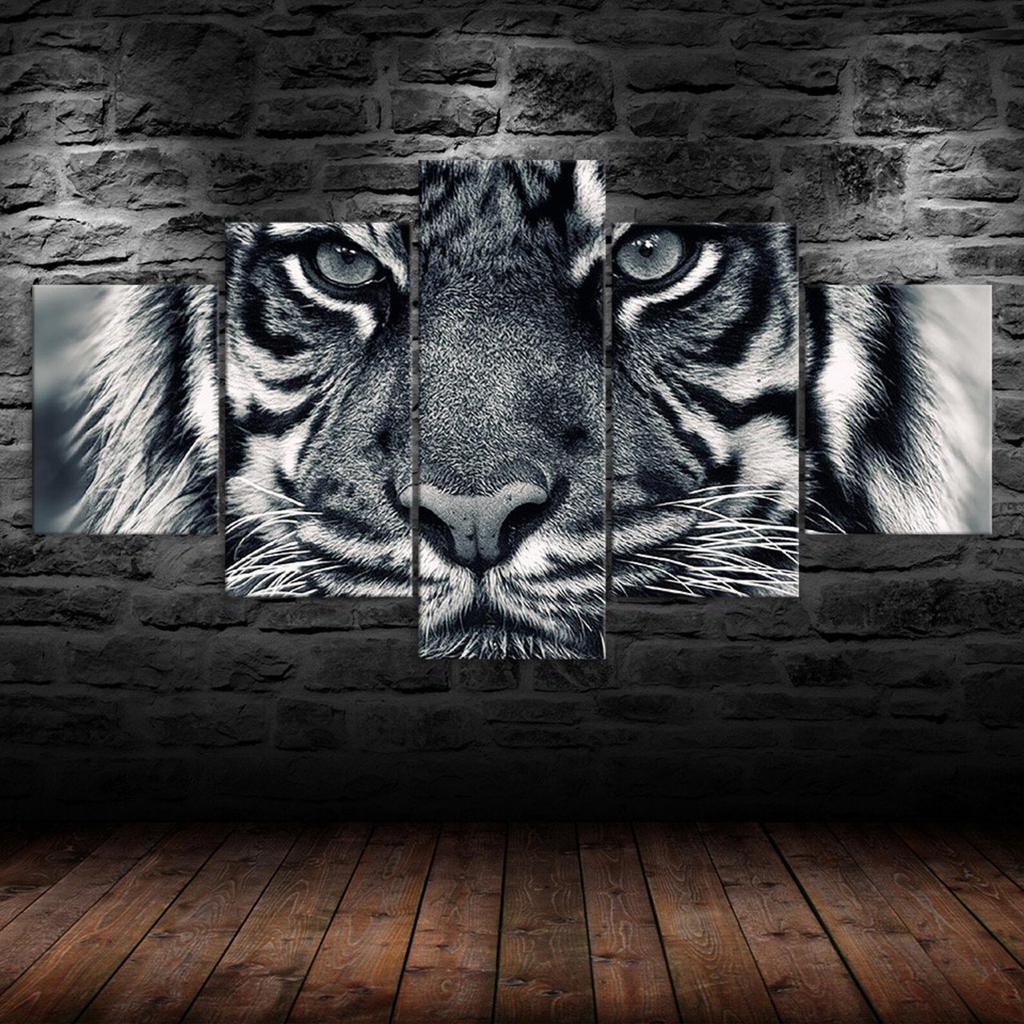 White Tiger Face 5 Piece Five Panel Wall Canvas Print Modern Poster Picture Home Decor Gift For Him For Her
