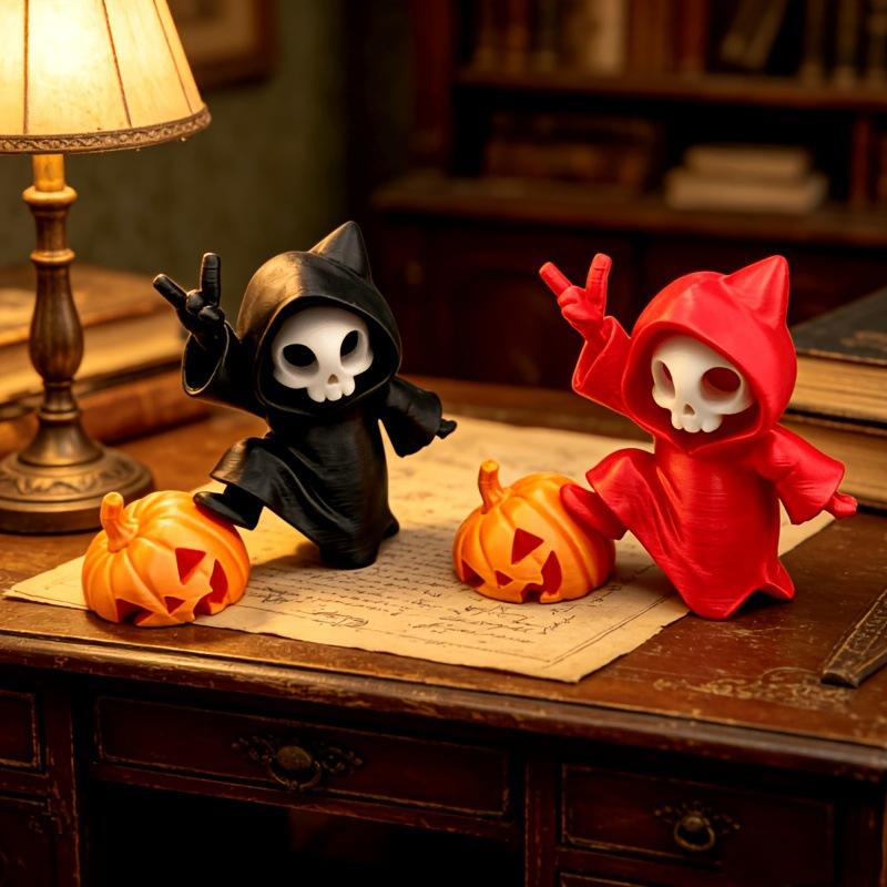 1Pcs Halloween Skeleton Ghost Figurine With Pumpkin Decor Cute Hooded Skull Statue For Home Desktop Party Ornament Gift