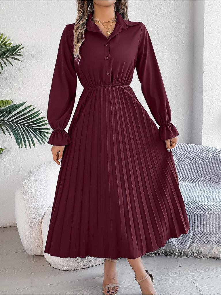 Abito a Colletto Reversibile Monocolore Abito Elegante Plissettato a Vita Alta per Donna Abiti Ampi a Maniche Lunghe Abito Casual