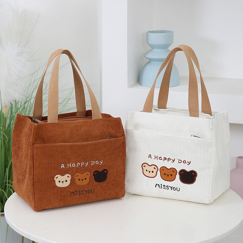 Corduroy Embroidered Bear Tote Bag, Stylish Cosmetic Storage Handbag, Suitable for Daily Work School Outdoor Travel Deliver Food