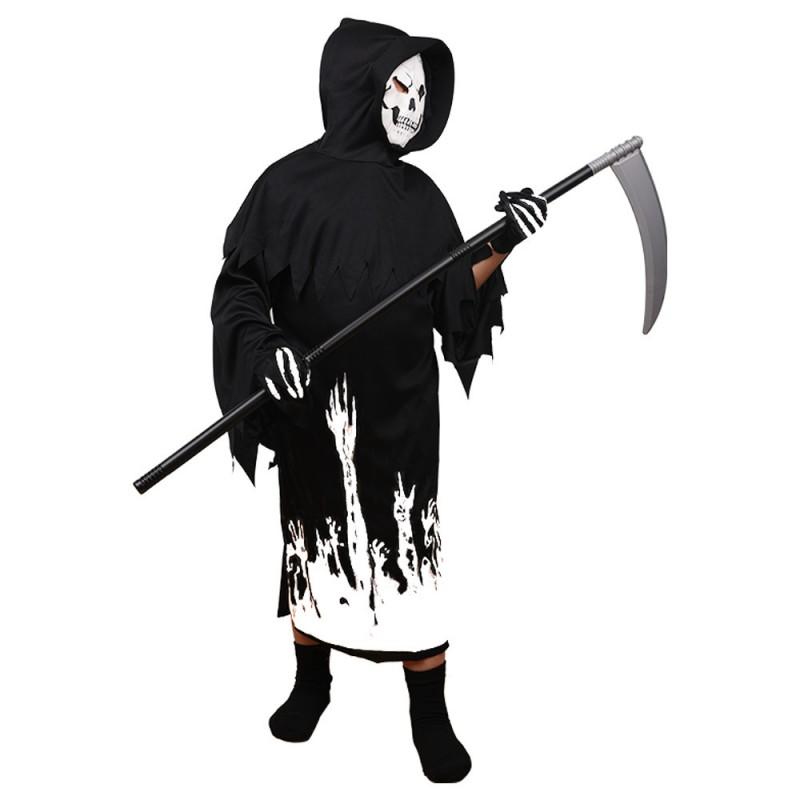 Halloween Grim Reaper Costume Set With Glow-in-the-Dark Hooded Robe Scythe Prop Cosplay Roleplay