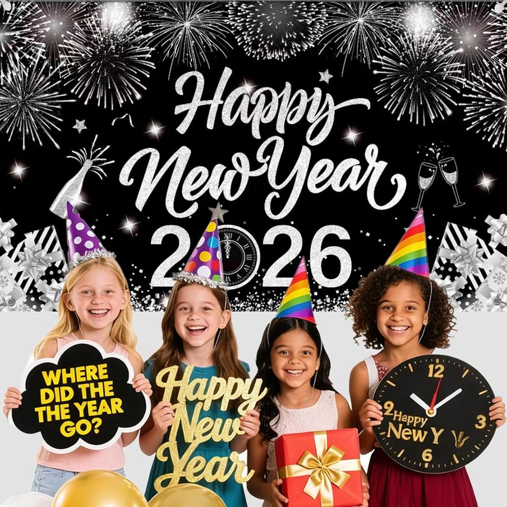 2026 New Year Banner Decorations 2026 Happy New Year Eve Party Decor, Black Silver Backdrop Party Supplies,71x43 Inches
