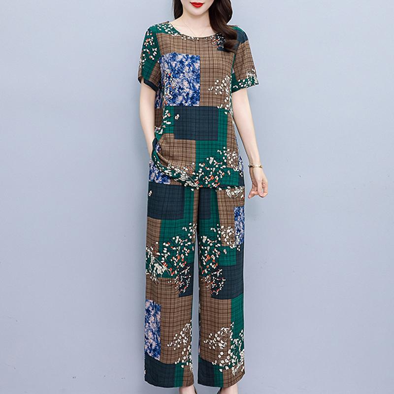 Plus Size Sommer-Vintage-Druck-Hosen-Sets mit weitem Bein, lässig, elegant, lockere Sets für Damen, 2-teilig