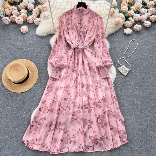 

Осенние элегантные платья для женщин, с длинными пышными рукавами, воротником-стойкой и лацканами, однотонное шифоновое облегающее платье с цветочным принтом, Vestidos, Прямая поставка One Size розовый