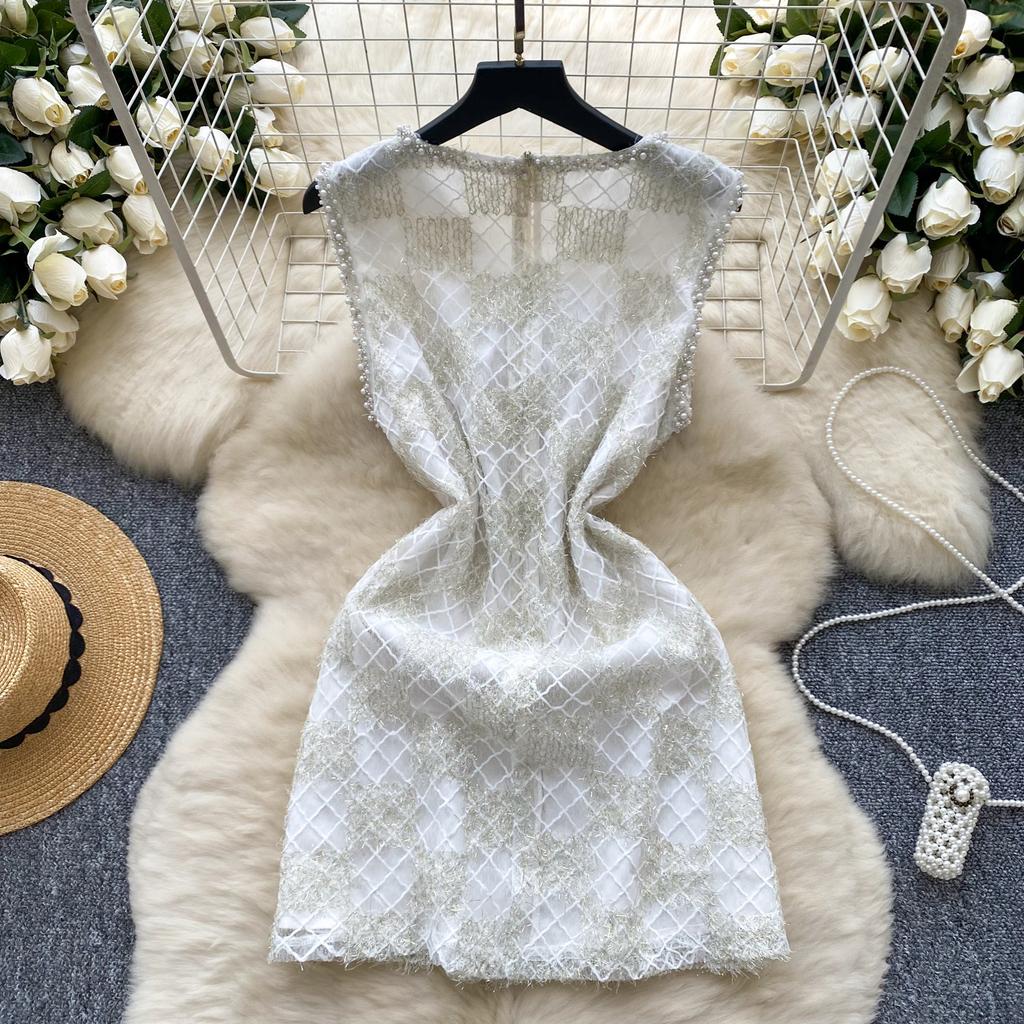 Summer Women Elegant Sleeveless Luxury Beading Plaid Lace Diamond Bowtie Mini Short Fairy Party Pencil Dresses