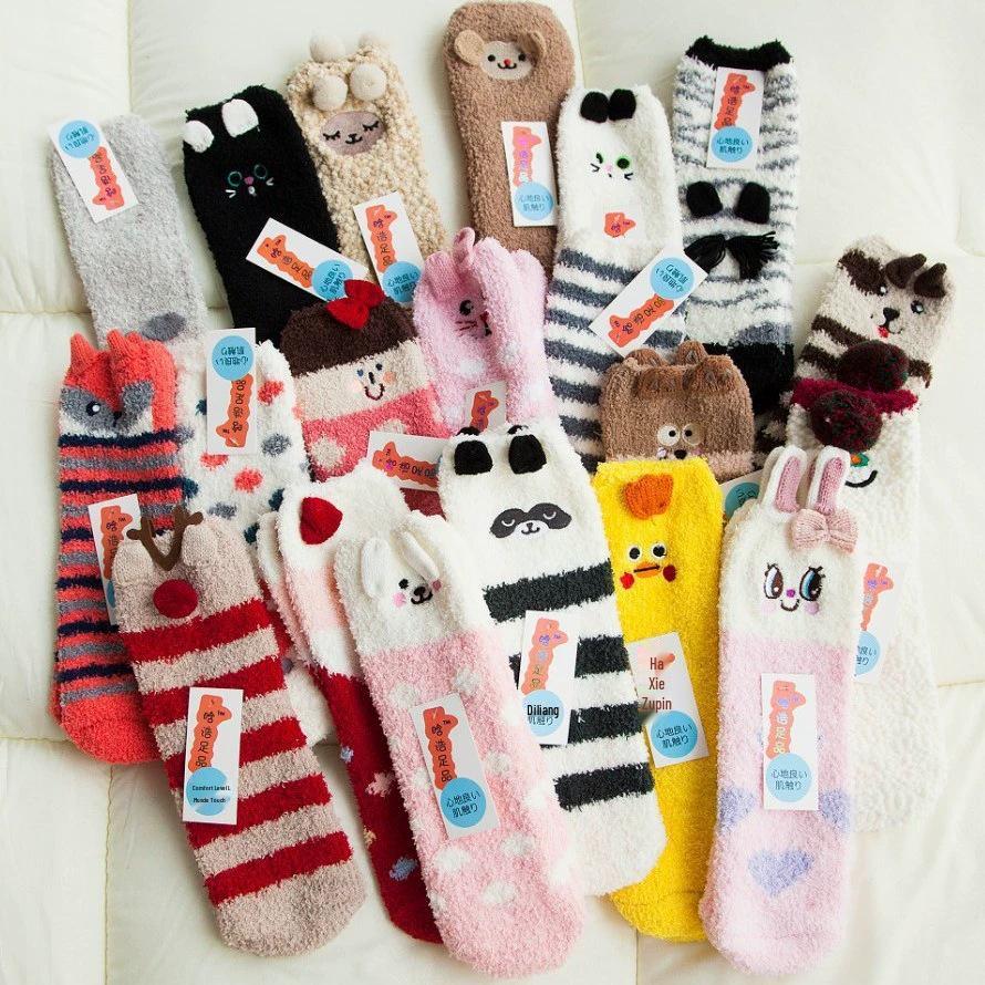 Japanese Christmas Cartoon Socks: Cozy Coral Fleece with 3D Embroidery for Women