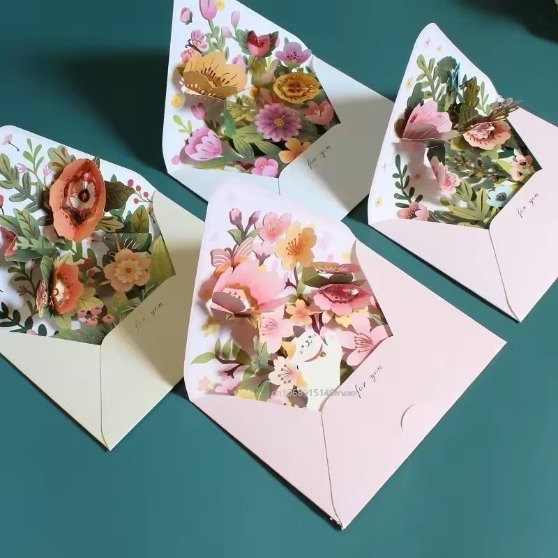 Romantic 3D Pop-up Flower Greeting Cards Birthday Christmas Postcard with Envelope Paper Cards Set for Wedding Party Decor Gifts