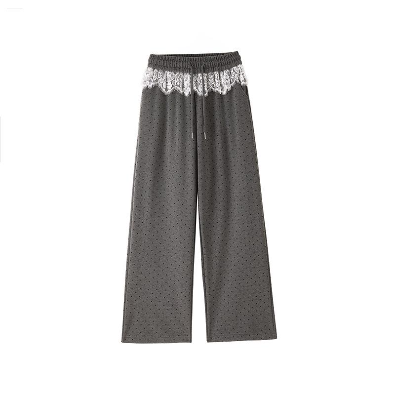 Women's High-Waist Black Polka Dot Lace Trim Wide-Leg Sporty Pants for Spring