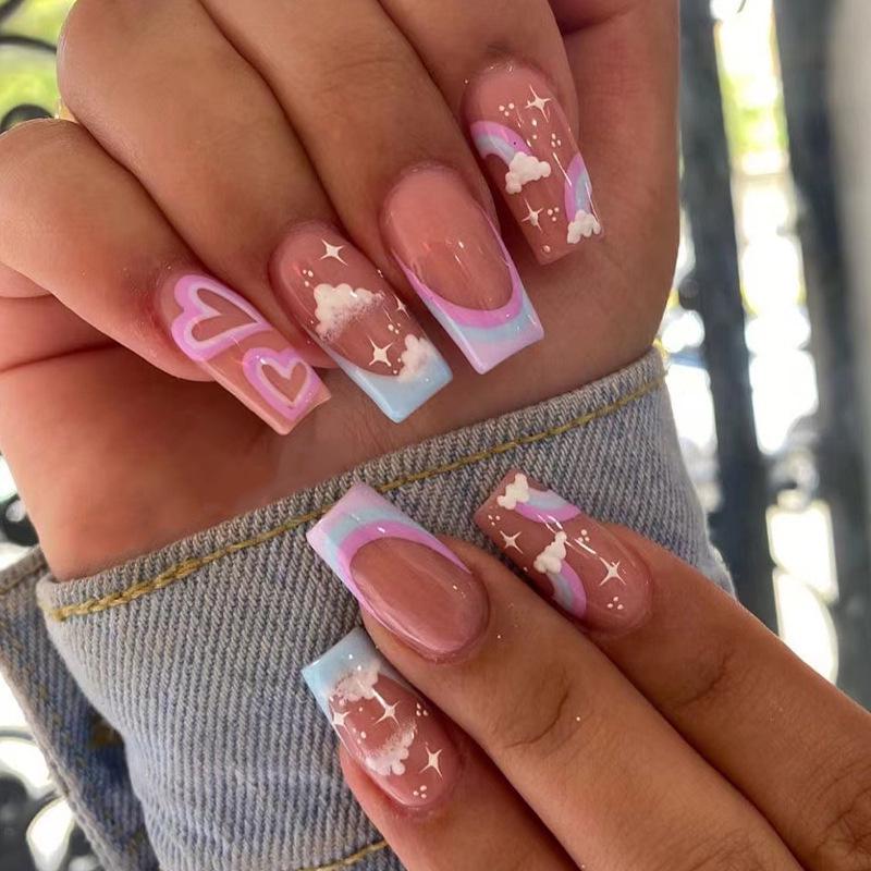 Nail Tips - Blue Pink Patchwork, French Rainbow, White Cloud, Starry Sky, Pink Hollow Heart Glue Kit