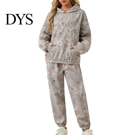 Zestaw Bluza z Kapturem i Spodnie Dresowe Camo 2 Szt./Zestaw Damski Garnitur Nadruk Długie Rękawy Gruba Bluza Codzienny Dres Elastyczna Talia Spodnie ze Ściągaczem przy Kostce Sport