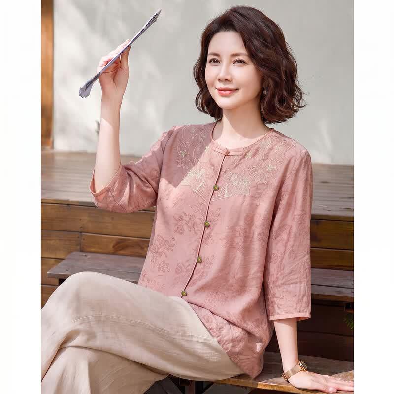 Haoyi Women s Embroidered Frog Button Chinese Style Short Sleeve Shirt XXXL розовый