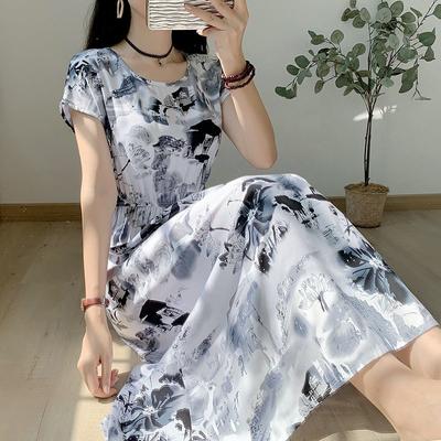 Short Sleeved Loose and Slimming Cotton Silk Dress for Summer Floral Pajama Skirt