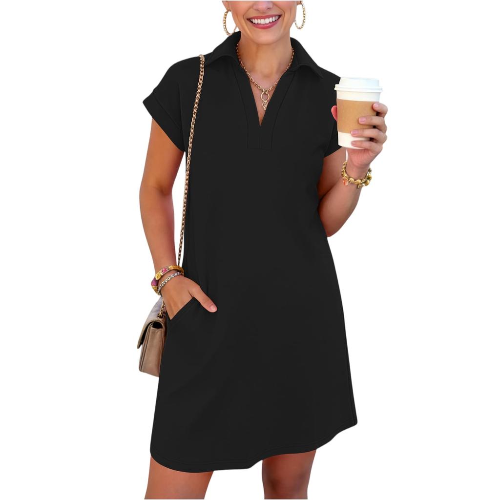 Short Sleeve Polo Collar Dress for Women Casual Loose Fit Dress with Pockets Soft Fabric Simple Solid Design