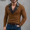 Men V Neck PU Patchwork Long Sleeve Rib Stretch Pullovers Tops Undershirts