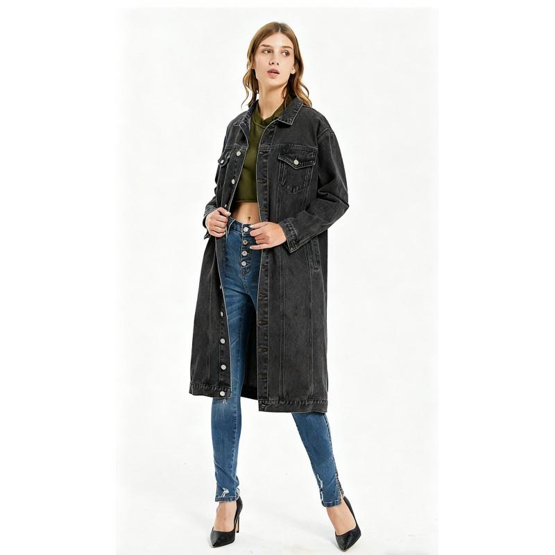 Giacca Lunga in Denim da Donna Slim Fit Lavata Stile Vintage Streetwear Cappotto Oversize
