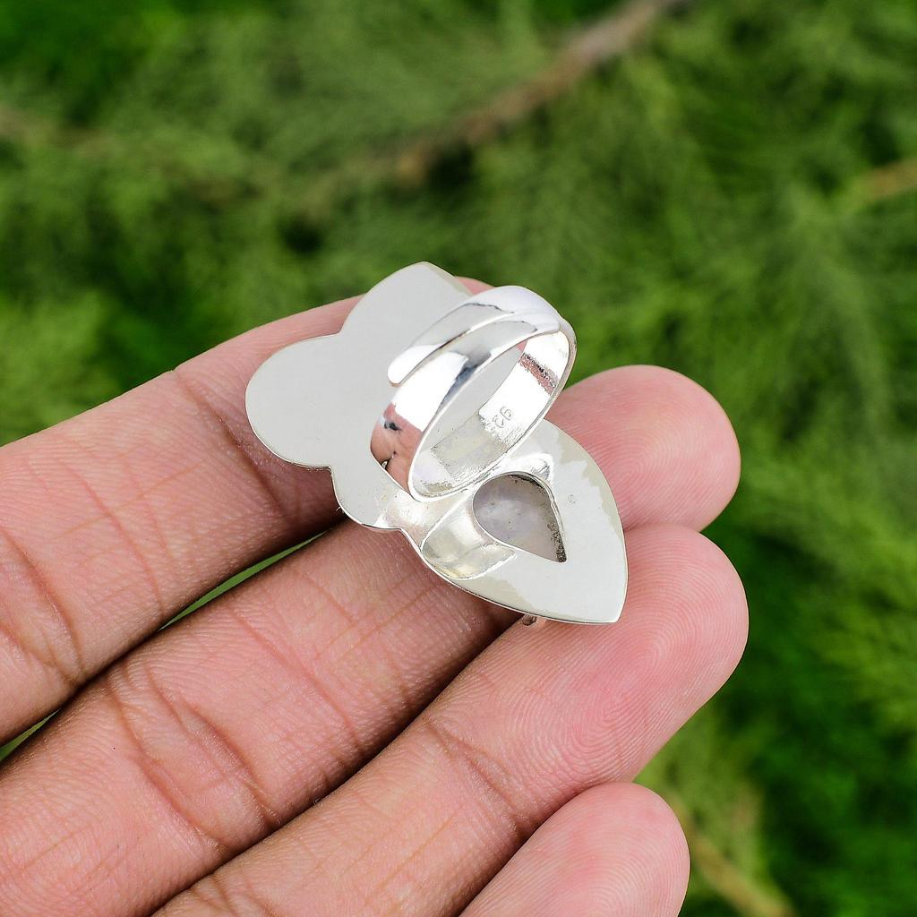 Pear Natural Rainbow Moonstone 925 Sterling Silver Promise Flower Solitaire Ring