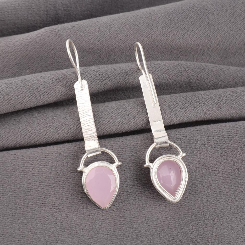 Różowy Chalcedon Kamień Szlachetny Srebro Próby 925 Biżuteria Ręcznie Robione Wiszące Kolczyki 2,3" EE-166-15