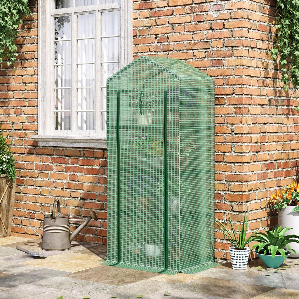 4 Tier Mini Portable Greenhouse Compact Plant Grow Shed Metal Frame PE Cover with Lockable Rolling Wheels, Green