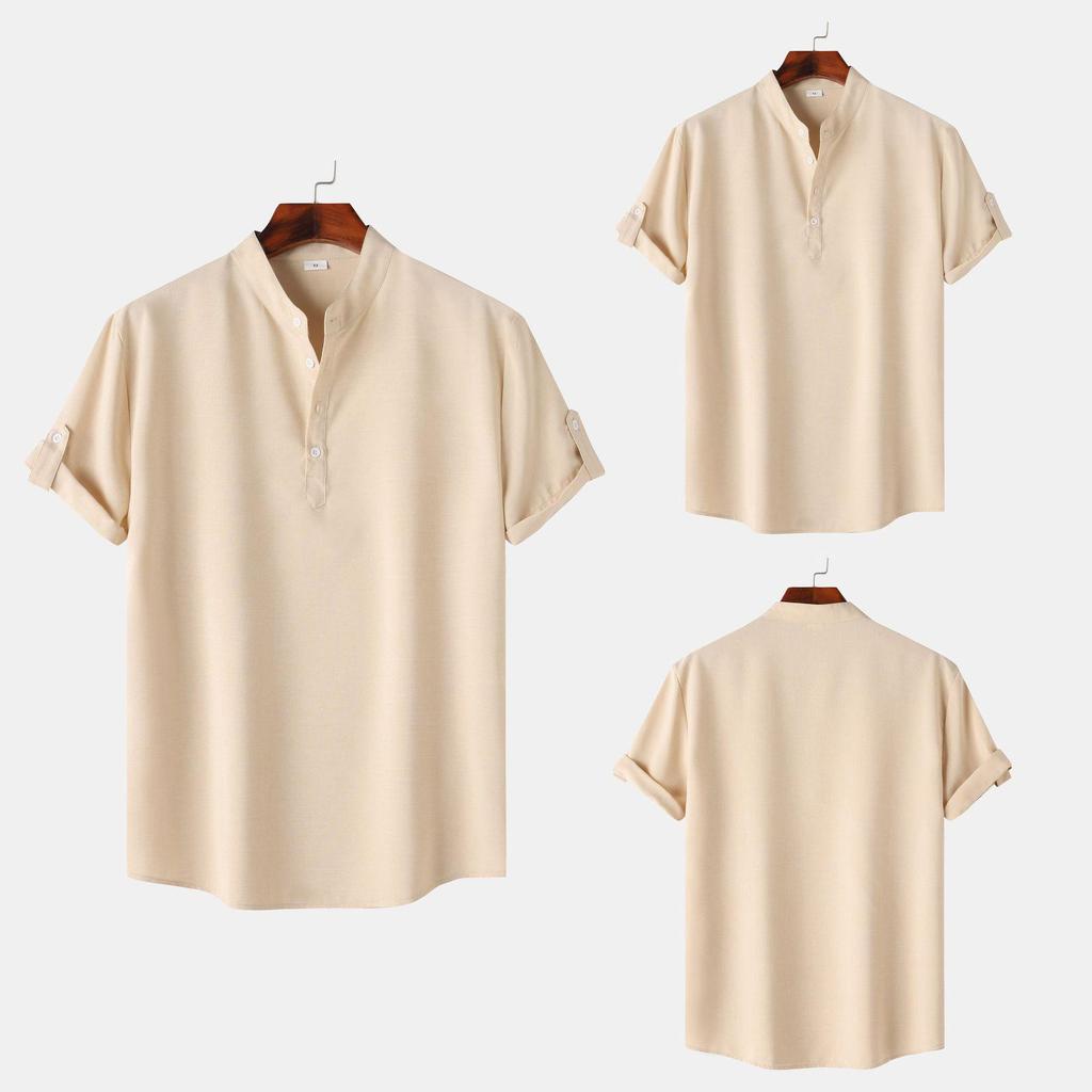 Men's Slim-Fit Stand-Up Collar Solid Color Short-Sleeve Shirt, 2024 Spring/Autumn Collection