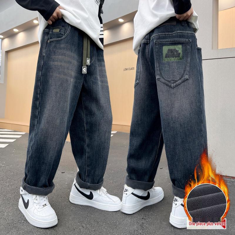 Chlapecké zateplené zimní džíny s fleecovou podšívkou - Teplé bavlněné kalhoty pro střední a velké děti (Kolekce 2025)