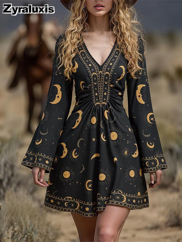 Women's Vintage Floral Long Sleeve Dress Bohemian Style