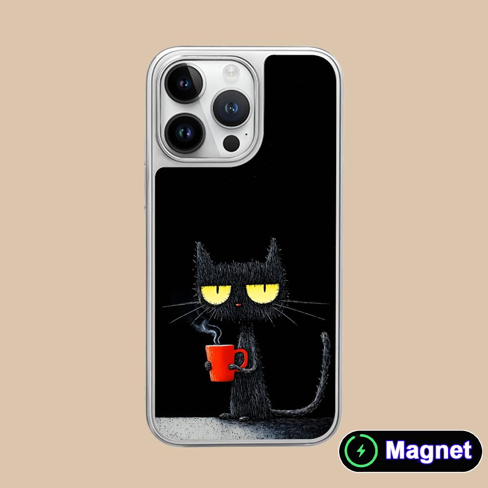 Cute Coffee Cat Silver Plating Magsafe Mobile Phone Case for iPhone 17 16 15 14 13 12 11 Air Pro Max Plus Colorful Cover