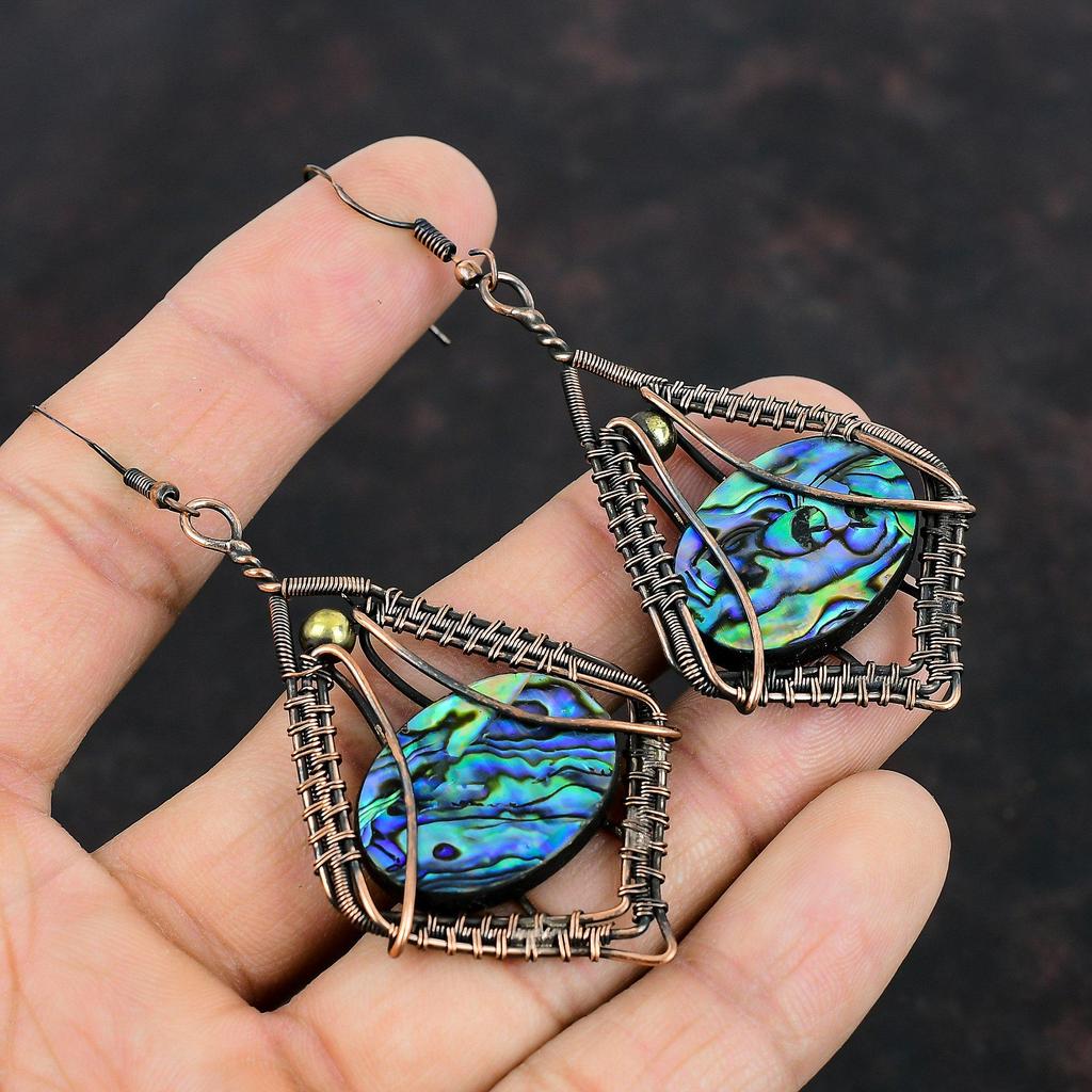 Abalone Shell Earring Copper Wire Wrapped Earrings Handmade Gemstone Earring Abalone Shell Jewelry Amazing Earrings Copper Wire Wrap Jewelry