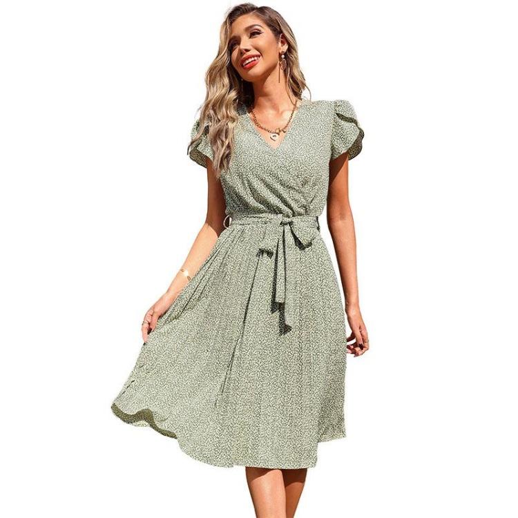 Chic Women Summer Green V Neck Long Sleeve Lace Up Pleated A Line Print Dress