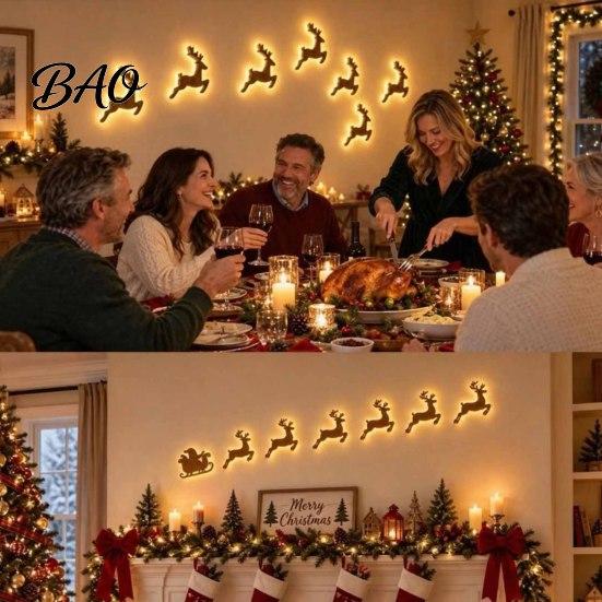 Festive LED Wall Glow Reindeer Decoration, 3D Light-Up Wooden Christmas Silhouette Lights, Warm Backlit Seasonal Interior Lighting Peel And