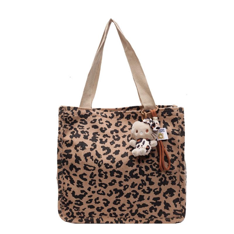 Borsa in Velluto a Coste con Stampa Leopardo di Grande Capacità Borsa Tote da Donna Borsa a Spalla Versatile di Nicchia da Donna