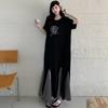 DIMANAF 2025 Plus Size Dress Women Summer Spliced Vintage Dress Basic Printing Long Loose Casual Black Dress
