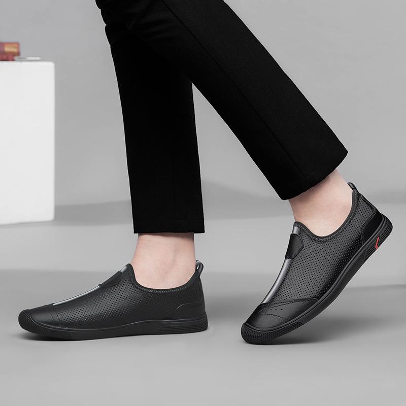 Men's Shoes 2025 Summer New Men's Thin Punching Breathable Hollow Leather Shoes Black One-pedal Lazy Casual Shoes