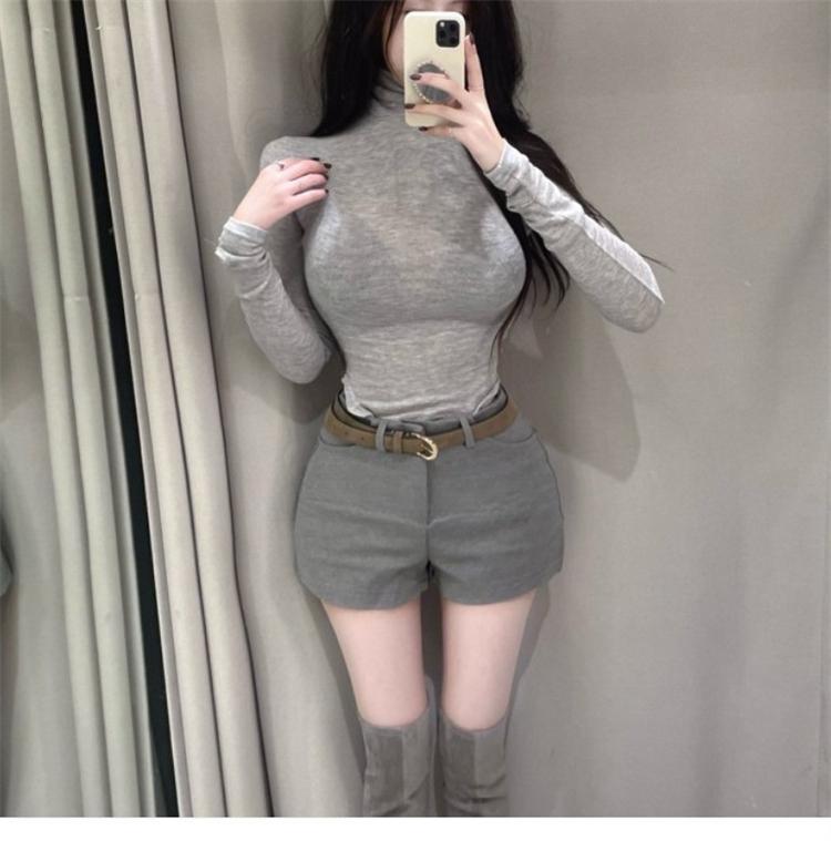 Elegant Slim Fit See-Through High Neck Long Sleeve T-Shirt