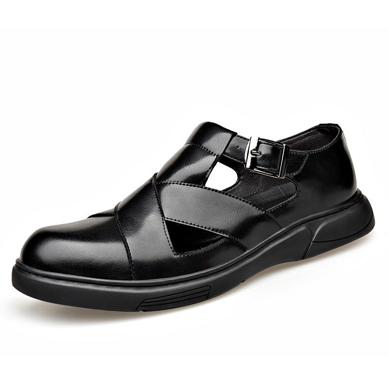 2025 Summer Hallow New Leather Sandals for Men Black Buckle Designer Platform Sandals Male Casual Driving Shoes Man