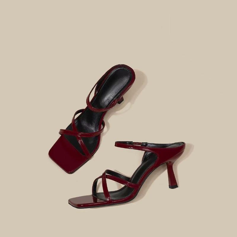 Fashion New Wine Red High Heels Sandals for Women Square Toe Bowtie Decor Summer Outdoor Slippers Woman Thin Heeled Party Wedding Shoes