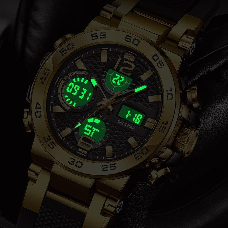 Vanntett LCD Dobbelvisning Kvarts Armbåndsur Multifunksjonell Elektronisk Klokke for Menn Sport Silikonklokker