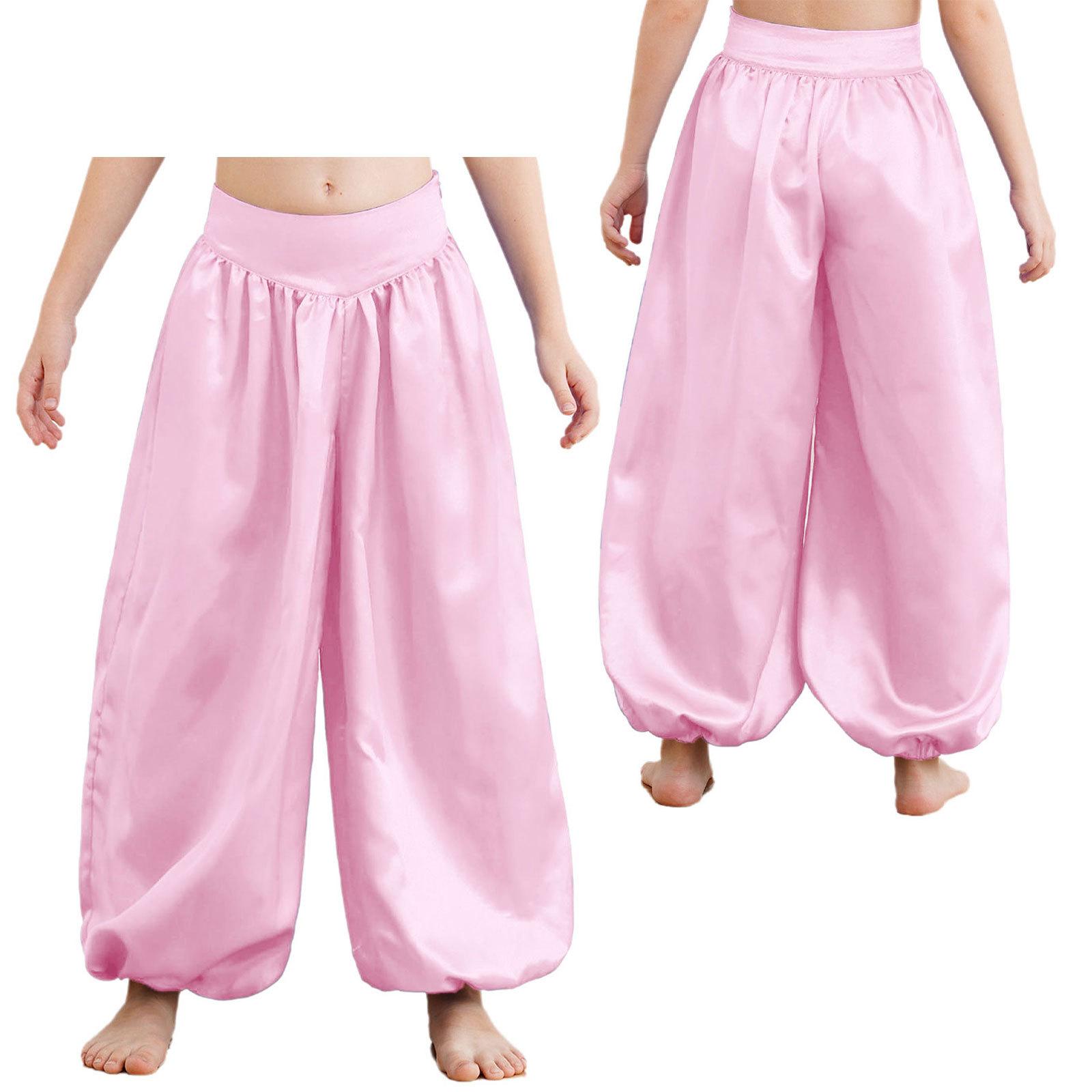 

Детские штаны для танца живота для девочек, шаровары, атласные шаровары, свободные повседневные мешковатые штаны, брюки для Хэллоуина, арабские штаны-фонарики розовый