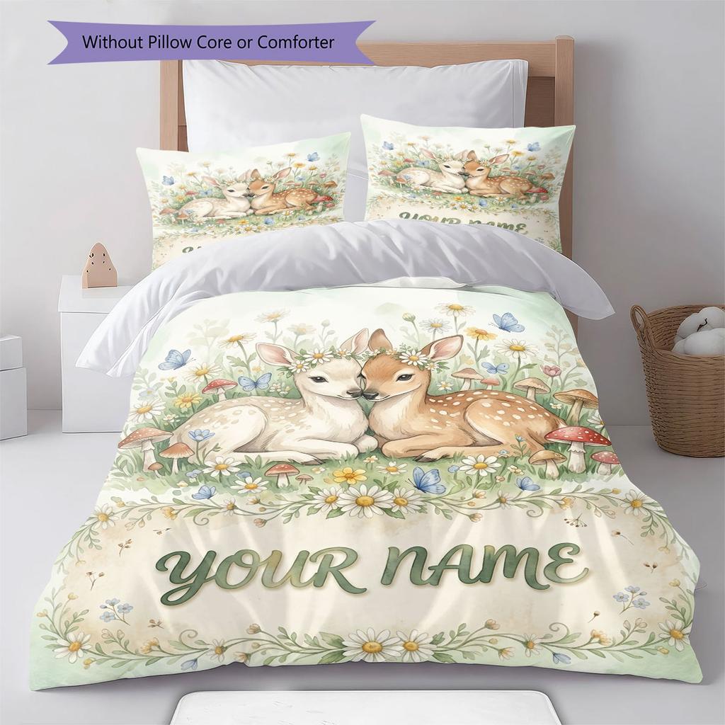 Custom Name,Watercolor Twin Woodland Animal Pattern Bedding Home Decoration Birthday Gift ( 1 duvet cover + 2 pillowcase, without core),fan merchandis