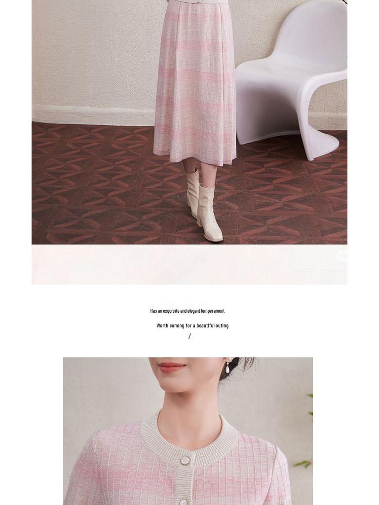 2025 Autumn/Winter Women's Retro Tencel Stripe Knit Top & Midi Skirt Set
