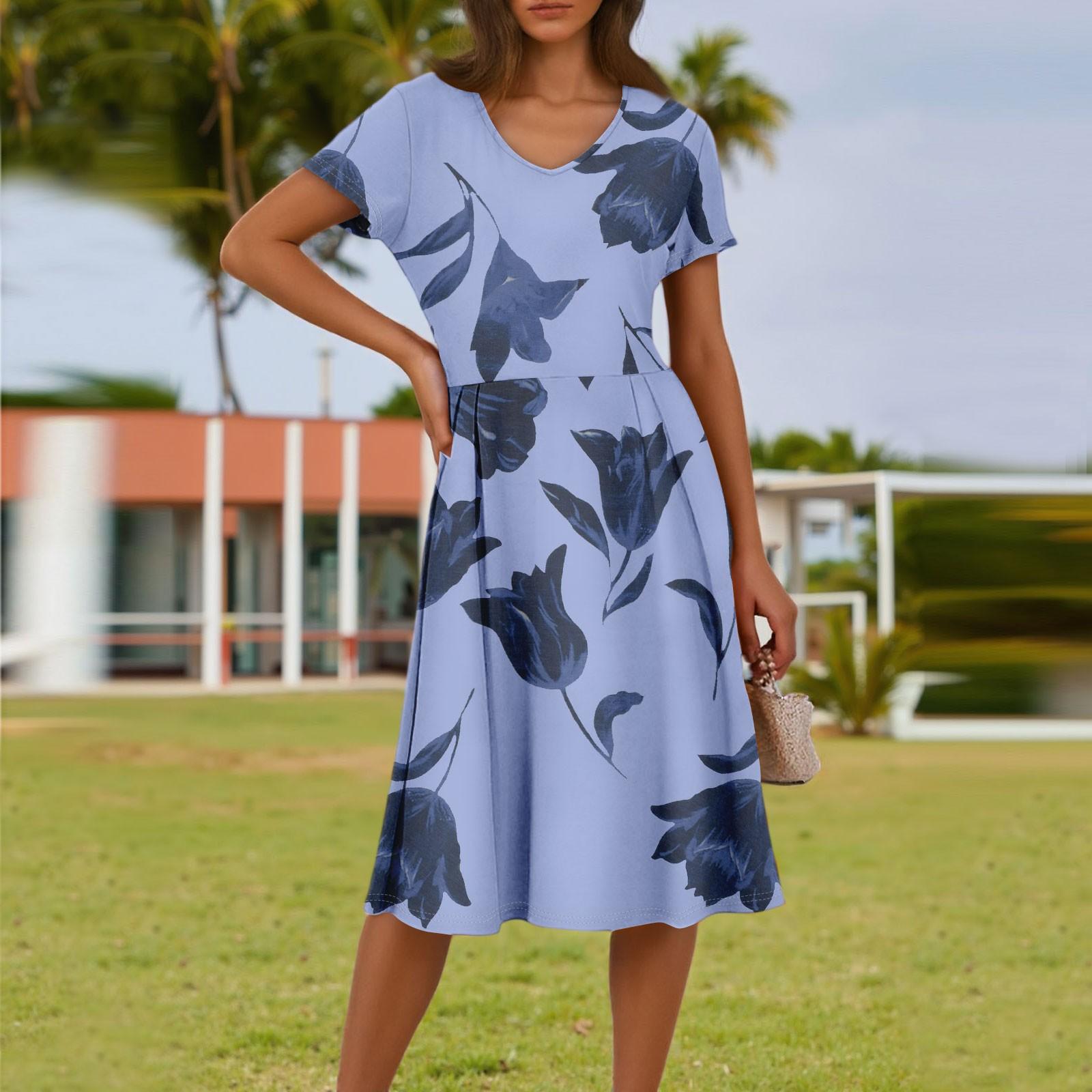 

Женское летнее модное повседневное платье с цветочным принтом, V-образным вырезом, короткими рукавами и карманом L синий