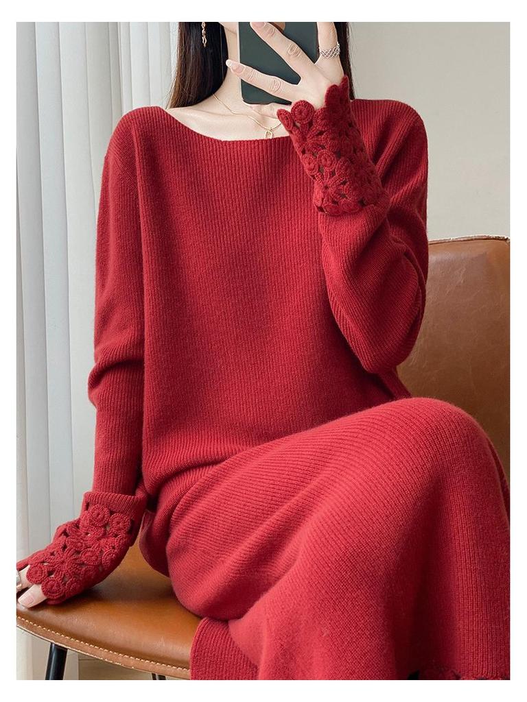 Autumn/Winter Pure Wool Knit Two-Piece Set: Round Neck Long Sleeve Top & Mid-Length Hollow Crochet Skirt