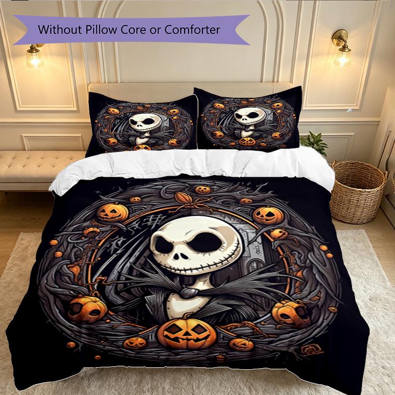 3pcs Halloween Jack Sally Skull Duvet Cover Set for Dorm Room Guest Room Decor, Soft Breathable, Not Comforter Set