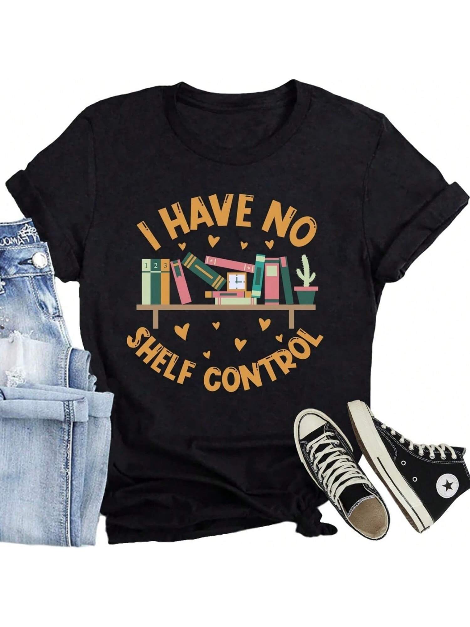 Wounisex Book Lover Shirt I Have No Shelf Control T-Shirt For Teacher Casual Librarian Reading Tee Top S