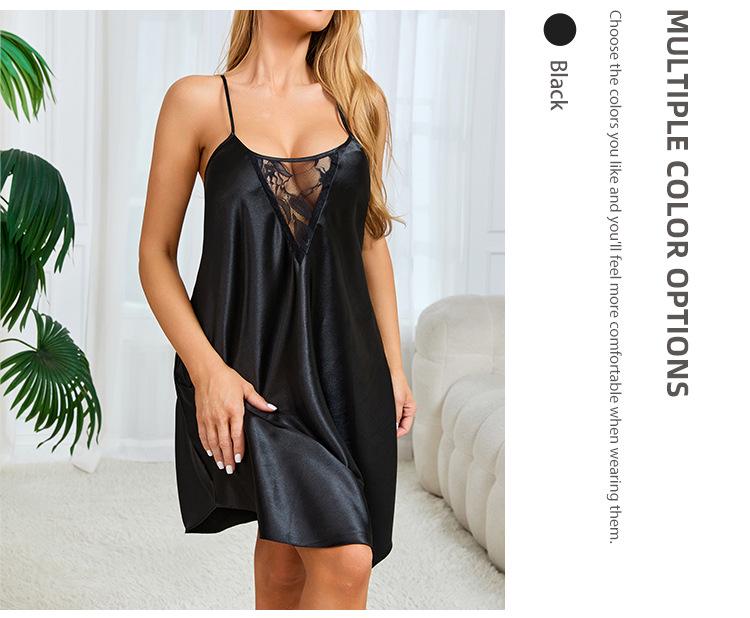 Plus Size Black Ice Silk Lace-Trim Camisole Nightgown - Comfortable Low-Cut Pajamas for Women