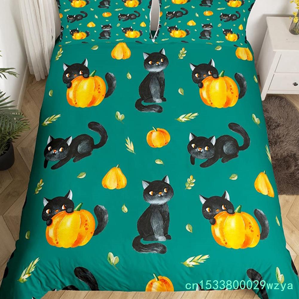 Capa de edredom fofa de gato de Halloween, conjunto de cama de castelo misterioso para crianças, adolescentes, microfibra, floresta enevoada, morcego, colcha, roupas de cama queen
